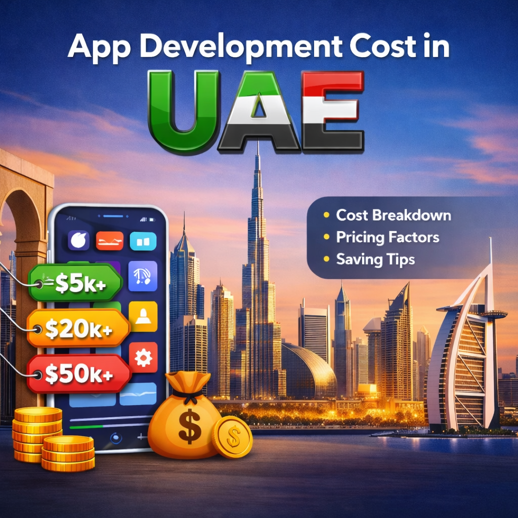 App development cost in UAE infographic with Dubai skyline and pricing breakdown by Ambient Infotech