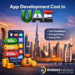 App development cost in UAE infographic with Dubai skyline and pricing breakdown by Ambient Infotech