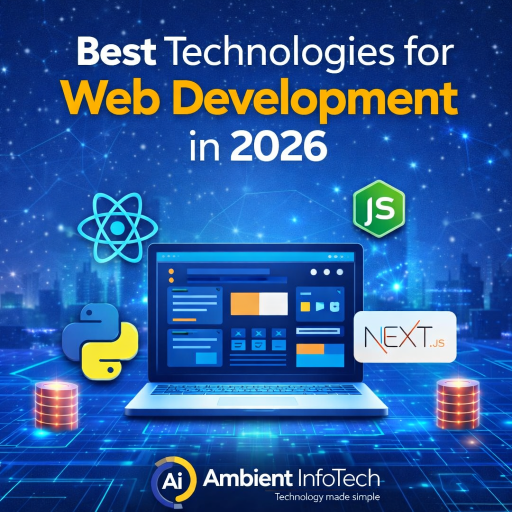 Futuristic web development infographic showing laptop with React, Node.js, Python, and Next.js icons, branded by Ambient InfoTech