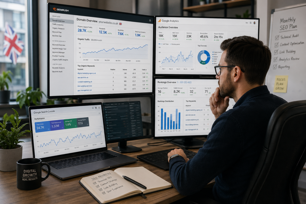 SEO expert analyzing website ranking data in UK office