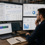 SEO expert analyzing website ranking data in UK office