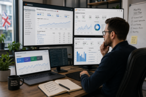 SEO expert analyzing website ranking data in UK office