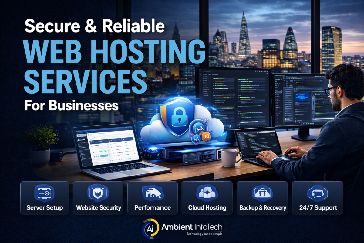Secure and reliable web hosting services workspace with developers managing servers, dashboards, and performance optimization in a modern office environment