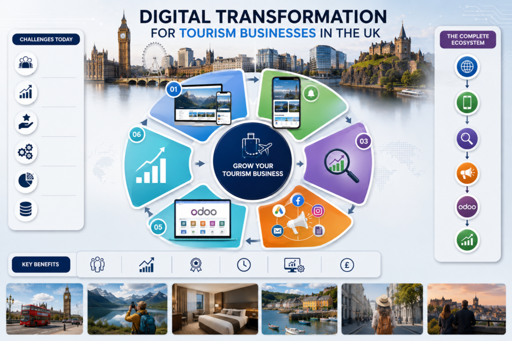 Digital transformation solutions for tourism businesses in the UK including website development, CRM, ERP, Odoo, AI, and mobile apps.