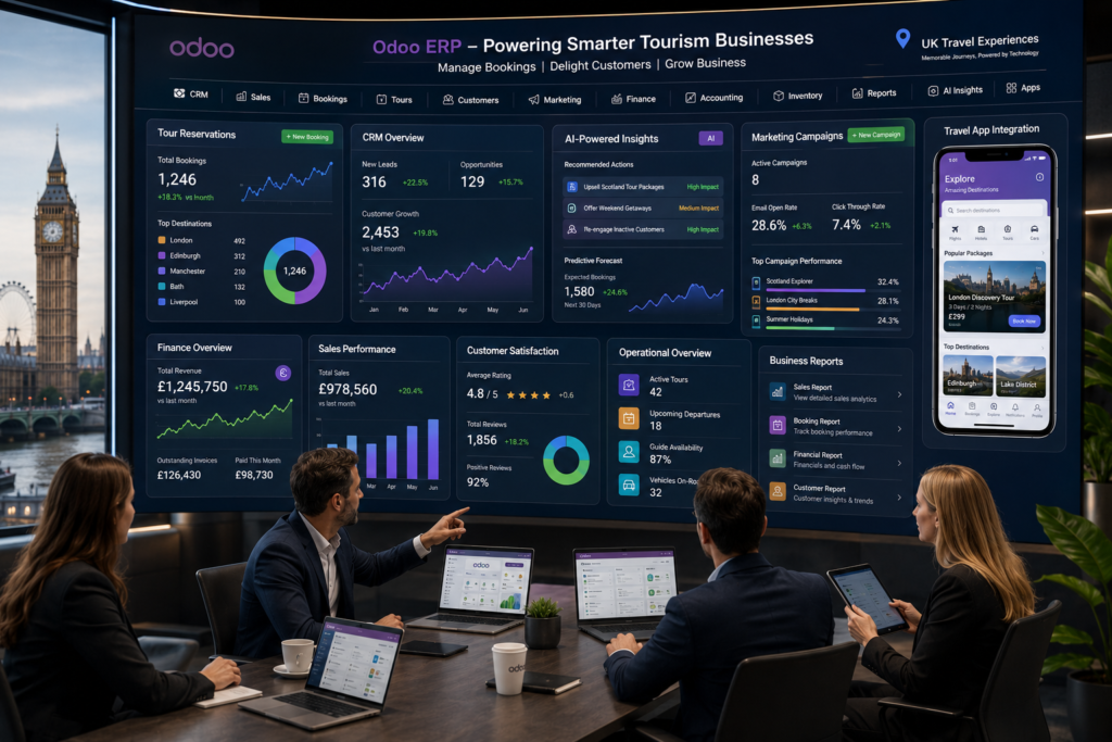 Odoo ERP software helping tourism businesses manage bookings, CRM, accounting, marketing, and operations.