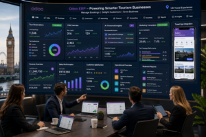 Odoo ERP software helping tourism businesses manage bookings, CRM, accounting, marketing, and operations.