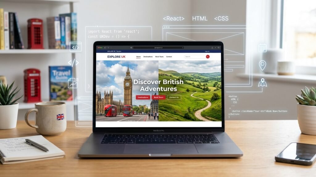 Tourism website development in the UK – developer working on travel site design with London landmarks on screen.