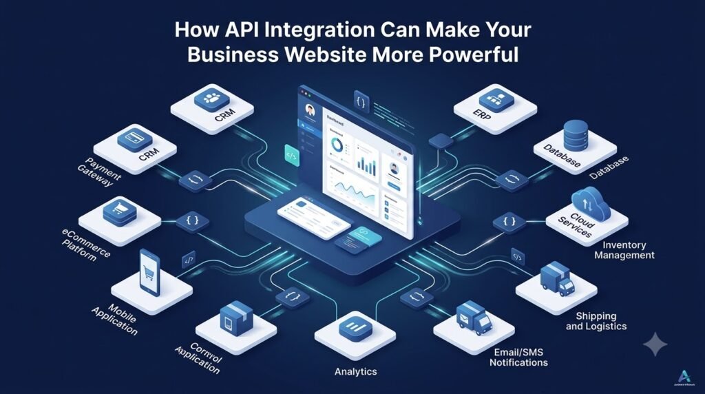 API integration connecting a business website with payment, CRM, ERP, and other digital systems