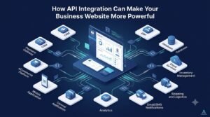 API integration connecting a business website with payment, CRM, ERP, and other digital systems