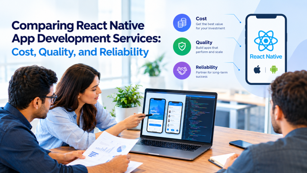Business professionals comparing mobile app development proposals, technical quality, cost, and reliability
