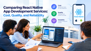 Business professionals comparing mobile app development proposals, technical quality, cost, and reliability