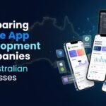 Comparing mobile app development companies for Australian businesses using smartphone app interfaces and business technology dashboards.