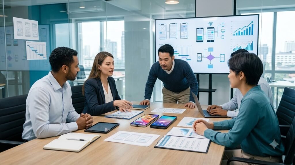 Business team comparing cross-platform mobile app development companies for business growth.