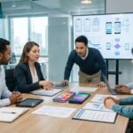 Business team comparing cross-platform mobile app development companies for business growth.