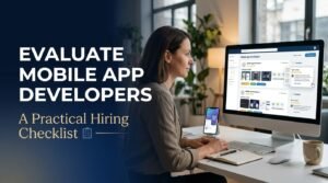 Business owner comparing mobile app development companies, technical expertise, client reviews, and project proposals on a computer.