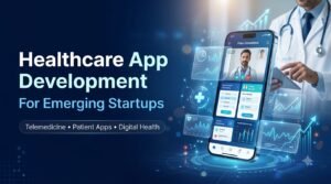 Healthcare app development for startups featuring telemedicine, patient apps and digital health interfaces