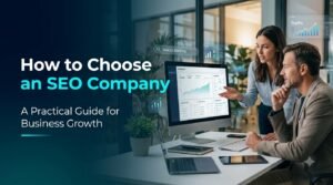 Business owner and SEO specialist reviewing website analytics to choose an SEO company.