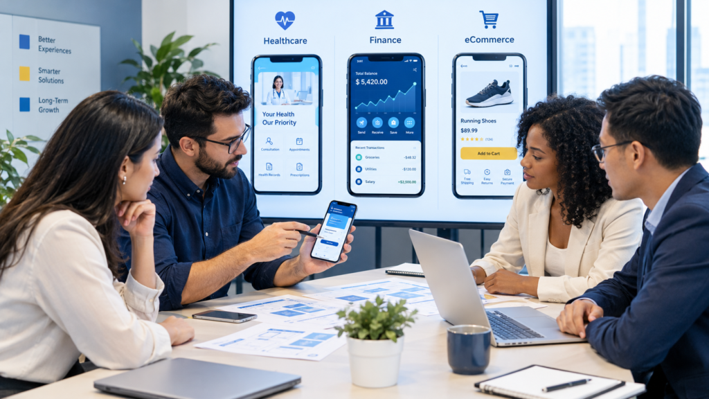 Mobile app developers comparing healthcare, finance, and ecommerce application designs