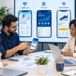 Mobile app developers comparing healthcare, finance, and ecommerce application designs