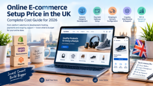 Online e-commerce setup price in the UK showing website development, payment gateway, shipping and online store costs.