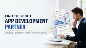 Business professionals comparing mobile app development agencies, client reviews, portfolios, and project proposals on B2B platforms.